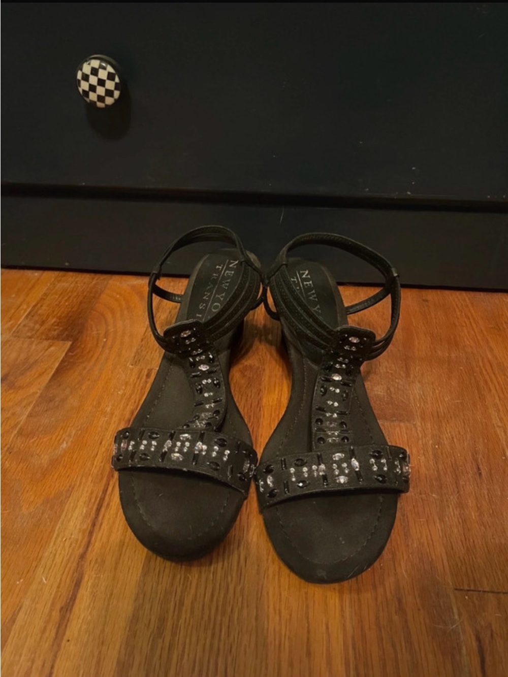 New York Transit Black Embellished Ankle-Strap Sandals